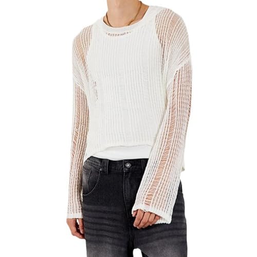 Evankin Men's Long Sleeve T-shirt Hollowed out Semi See Through Top Elastic Loose Knit Sweater Base Layer Bottom Underwear(White-S)