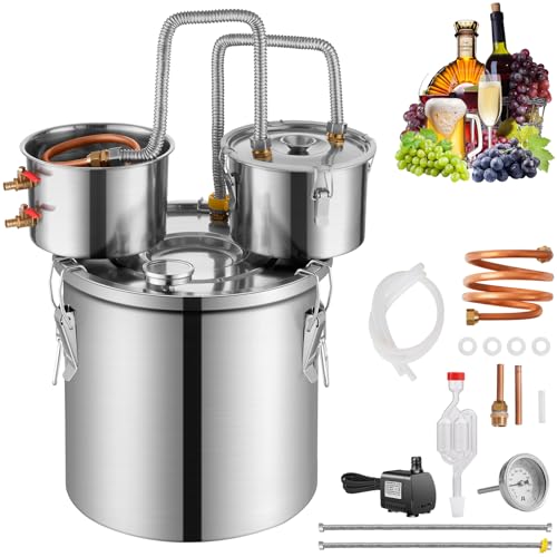 VEVOR Alcohol Still, 13.2 Gal / 50 L Stainless Steel Water Alcohol Distiller with Copper Coil for Fast Cooling, Dual Condenser Distiller Kit with Secondary Distillation, for Wine Whisky Brandy, Silver