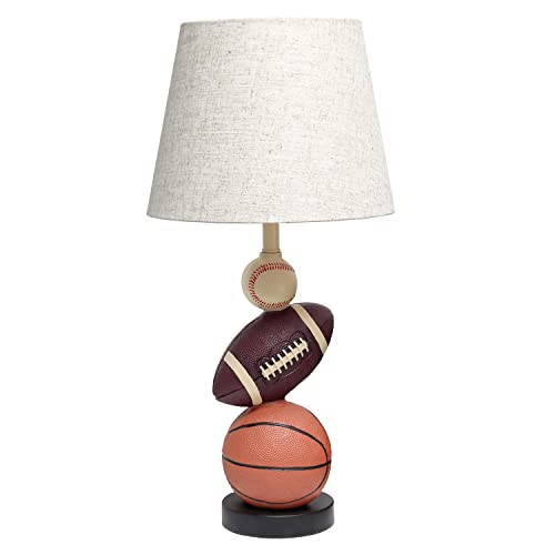 Simple Designs LT1082-SPT SportsLite 22" Tall Popular Sports Combo Basketball, Baseball, Football Polyresin Table Desk Lamp w Light Beige Fabric Shade for Kids' Room, Nursery,Bedroom,Gameroom,Mancave