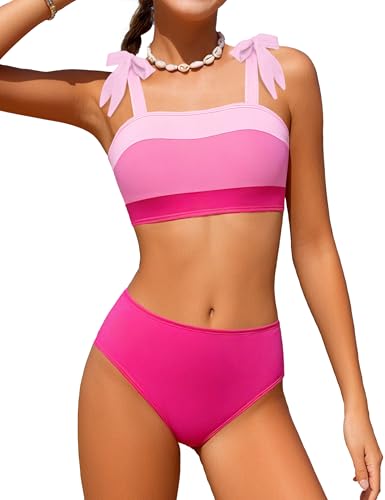 KANGKANG Girls Bathing Suits Size 8-10 Pink Color Block Adjustable Straps 2 Piece Bikini Set Kids Girl Swimsuit Size 9 Girls' Swimwear Size 10