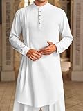 Runcati Mens Kaftan Thobe Cotton Linen Henley Shirt Long Sleeve Robe Casual Muslim Gown Kurta White