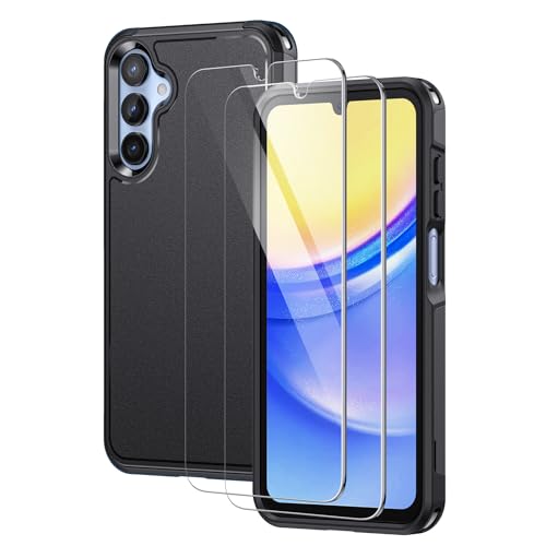Lanhiem for Samsung Galaxy A15 5G Phone Case with 2 Tempered Glass Screen Protector, Shock Absorption, Anti-Scratch Shockproof Case Cover for A15, Black