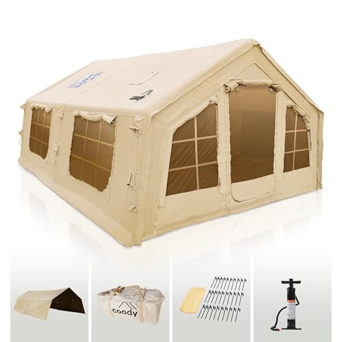 Coody 17.2 | Rbm Outdoors Koala 7 Inflatable Tents for Camping with Stove Jack, 2-10 Person Luxury Canvas Blow Up Tent, 2 Room, Easy Setup Large Inflatable House with Pump (Begie, Large)