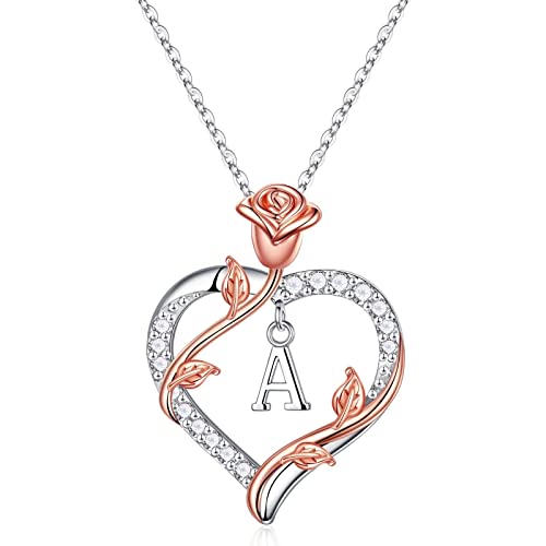 Vjoypro Necklace Gifts for Women Teen Girls, Letter A Initial Necklaces Rose Flower Love Heart Pendant Necklace I Love You Anniversary Valentines Gifts for Her Girlfriend Wife