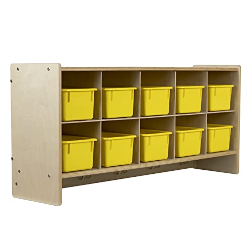 RRI Goods 10 Section Storage Cabinet with Yellow Bins, 100% Birch Plywood Wall Mounted Storage Unit Preschool Cubbies for Classrooms and Toy Storage
