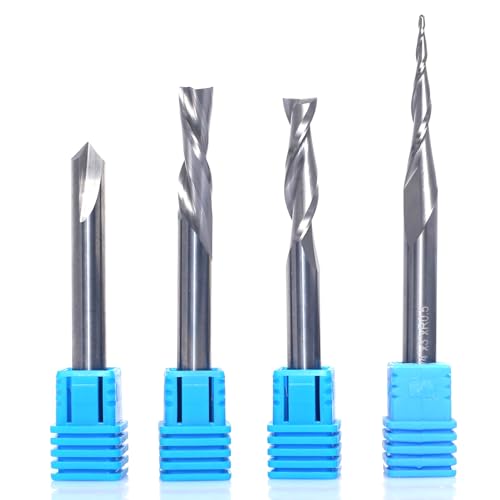 SICWOOD 4Pcs CNC Router Bit Set 1/4 Inch Shank, Solid Carbide Wood Profile V Groove Engraving Milling Cutter/Carving Bit, CNC Spiral Router Bit for Woodworking Detail