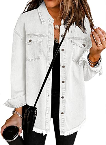 Dokotoo Jean Jacket Women Fashion Spring Summer Country Concert Outfits Casual Long Sleeve Denim Shirt Distressed Boyfriend Denim Jacket Shackets Western Jean Jacket Womens Clothing White Jackets XL