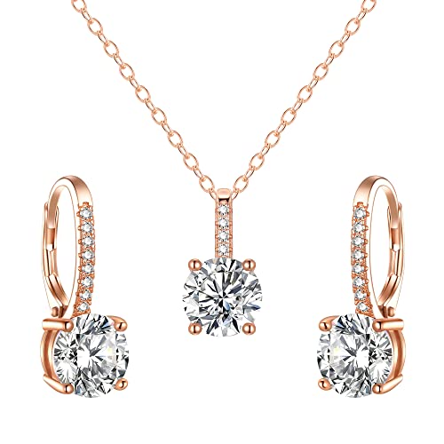 EVER FAITH Elegant Wedding Jewelry Set, 925 Sterling Silver Sparkly Round Cut White CZ Rose Gold Hypoallergenic Necklace Earrings Set for Bridal