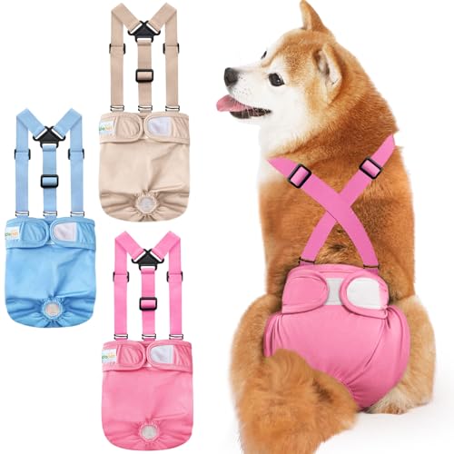 Idepet Female Dog Diapers with Suspender Detachable, 3 Pack Washable Reusable Girl Doggie Diapers for Small Medium Female Dog in Heat Period Cycle Urinary Incontinence Training M