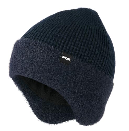 Wmcaps Winter Fleece Line Beanie with Earflap for Men Women, Outdoor Warm Thermal Knitted Hat Stocking Caps (Navy Blue)