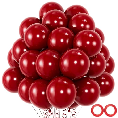 50pcs Chrome Metallic Red Balloons, 12inch Ruby Red Double Layer Latex Balloons,Chrome Dark Red For Wedding, Graduation, Baby Shower Decorations (with 2 Red Ribbon)