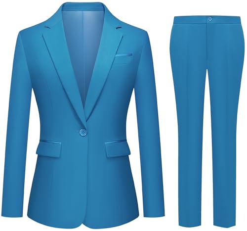 Aludest Womens 2 Piece Pants Suit Solid Notch Lapel One Button Slim Fit Blazer Jacket Elastic Waist Pants Tuxedo Set Bright Blue