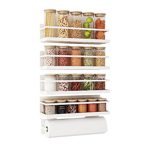 Roysili Magnetic Spice Rack for Refrigerator Magnetic Fridge Shelf for Kitchen Spice Organizer Magnetic Shelf for Fridge Space Saving White 4 Pack with Magnetic Paper Towel Holder