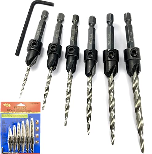 FTG USA Adjustable Wood Countersink Drill Bit Set 6 Sizes #4 to #14 Set with Tapered Drill Bits for Woodworking