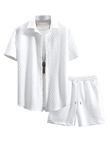 GORGLITTER Men's 2 Piece Outfits Waffle Knit Button Down Shirt Top and Shorts Set White Large