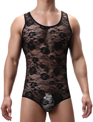 Black Bodysuit Men Sheer Lace Lingerie Bodysuit Floral Sissy Thong Leotard Sleeveless Singlet Crossdresser One Piece Nightwear M
