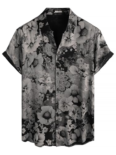 JOTOOK Mens Hawaiian Shirt Short Sleeve Button Down Tropical Shirts Casual Floral Summer Beach Shirt Large Black Gray