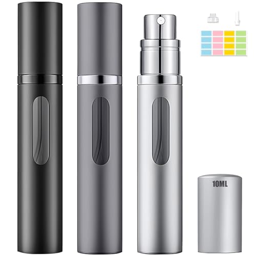 Squway 3PC 10ml Travel Perfume Bottle Refillable, Atomizer Sprayer for Perfume,Fragrance Scent Pump Fill from Bottom,Travel Sprayer Perfume for Women, Men Gift (Black Grey Silver)