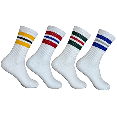 SuNi Apparel Striped Crew Socks - Retro Mens Striped Socks - Stripe Cotton Gym Socks for Men - 4 Pairs Pack Size 10-13