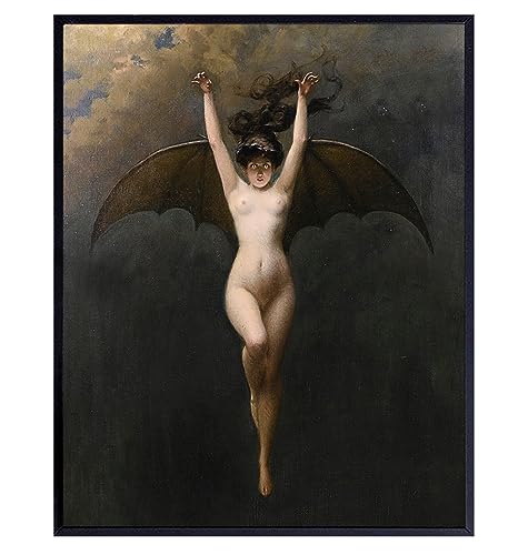 Gothic Wall Art & Decor - Bat Wall Decor - Witch Artwork - Creepy Vintage Retro Gift for Women Men Woman - Wiccan, Wicca, Mystical Occult Medieval Fans - Goth Replica Painting Picture Poster Print