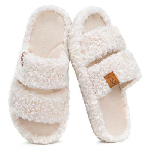 EverFoams Womens Fuzzy Open-toe Slippers Soft Comfy Memory Foam Indoor House Shoes Vanilla Ice,9-10 US