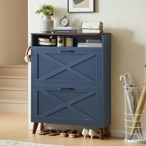 Joaxswe Shoe Storage Cabinet with 2 Flip Drawers, Farmhouse Shoes Organizer for Entryway, Narrow Hidden Shoe Rack with Wood Legs & Open Storage, Free Standing Shoe Closet for Foyer, Hallway, Navy Blue