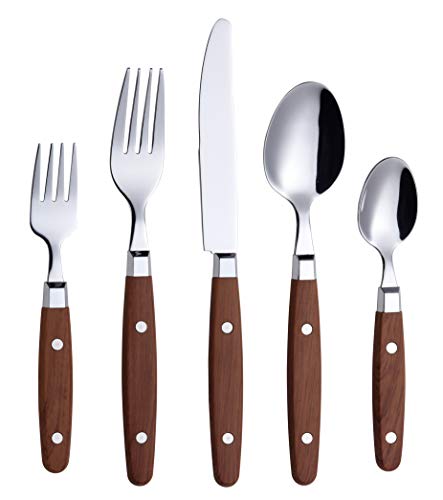 ANNOVA Silverware Set 20 Pieces Stainless Steel Cutlery Color Handle Rivet/Retro Flatware - Dinner Knife, Dinner Fork, Salad Fork, Dinner Spoon, Dessert Spoon Set of 4 (Walnut/Wooden Effect)