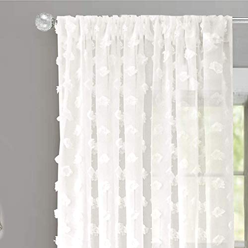 DriftAway Linen Textured Pom Pom Sheer Curtains 84 Inch Length 2 Panels Sets for Living Room Bedroom Rod Pocket Farmhouse Boho Drapes Cute Tufted Semi Sheer Nursery Children Kids White Curtain 52"x84"