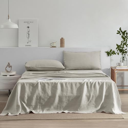 EVERLY Linen Sheets Set California King Size,100% French Stonewash Linen Sheets Set,4Pieces (1Flat Sheet,1Fitted Sheet,2Pillowcase) Suitable for Hot Sleepers,Deep Pocket Natural Bedding Set-Linen