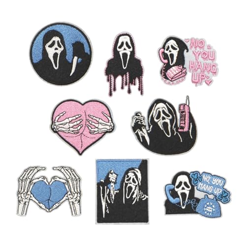 HEYTRCO 8PCS Ghost Iron on Patches, Scary Pink Blue Dark Hang up Embroidered Repair Patches for Clothes, Vintage Custom Badge Heart Applique for Hats, Jeans, Jackets, Bags, Backpacks, Dress, Shoes