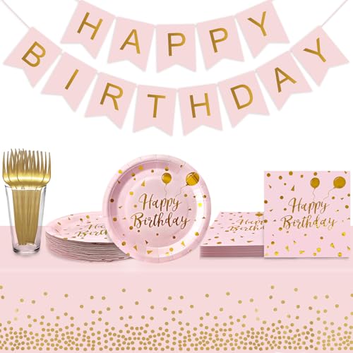 Serves 35 Guests Happy Birthday Paper Plates Party Supplies,7 Inch Pink and Gold Happy Birthday Disposable Paper Plates Napkins Forks Tablecloths Banner for Party Decorations