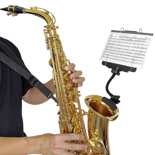 MusBoard Marching Band Lyre MB-ST10, Adjustable Saxophone, Trombone, Mellophone & Baritone Lyre for Marching Band with Flip Folder, Includes 10 Double-Sided Folio Pages