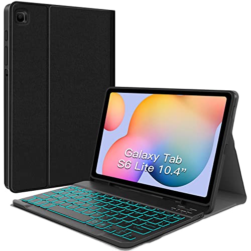 JUQITECH Backlit Keyboard Case for Samsung Galaxy Tab S6 Lite 10.4" 2024/2022/2020, Galaxy Tab S6 Lite SM-P620/P625/P610/P613/P615/P619 Tablet Cover Case with Wireless Keyboard S Pen Holder, Black