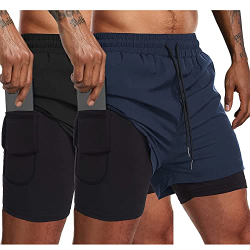 COOFANDY Men's 2 Pack Running Shorts 2 in 1 Workout Shorts Quick Dry Gym Training Athletic Jogger with Phone Pockets