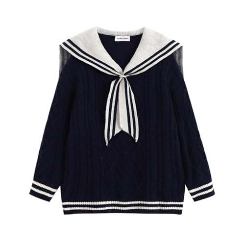Japanese Lolita Uniform Sailor Collar Kawaii Cute Sweaters Soft Tops Loose Casual Cable Knit Long Sleeve Pullover Tops (Large, Navy Blue)
