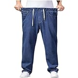 Mens Fashion Classic Jeans Elastic Waist Drawstring Denim Pants Casual Loose Straight Legs Trousers with Pockets Blue