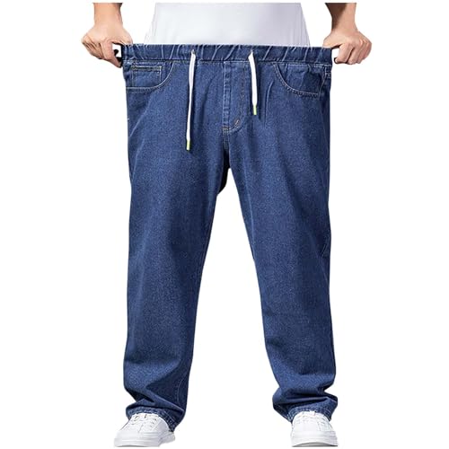 Mens Fashion Classic Jeans Elastic Waist Drawstring Denim Pants Casual Loose Straight Legs Trousers with Pockets Blue