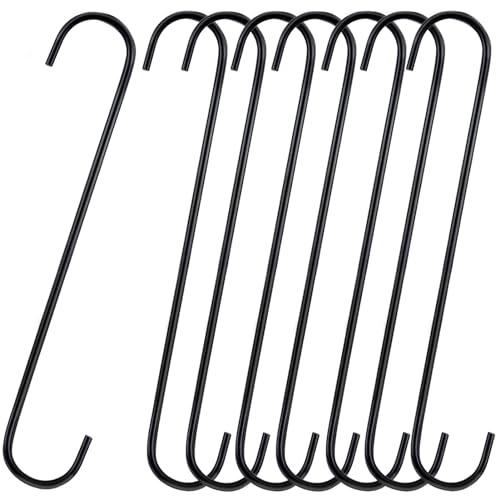 8 Pack S Hooks Heavy Duty 12 Inch Large S Shape Hooks for Hanging Plant Pots and Pans Steel Metal Hanger Hook Black Long S-Hook for Hanging Clothes, Plants, bird feeders, Garden Indoor Outdoor
