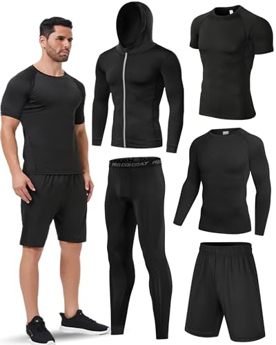 Antoyo 5Pcs Men Compression Workout Set,Compression Pants Shirt Top Long Sleeve Jacket for Gym,Men Athletic Baselayer Sets Running Breathable and Sweat Absorbing