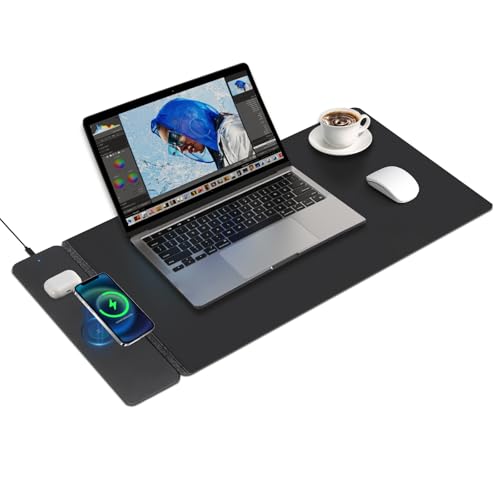 Wireless Charging Mouse Pad,Dual Fast Charger, Reversible Felt & PU Leather Desk Mat, for Office & Gaming, Large Surface, iPhone & Android Compatible – Black