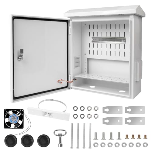 Outdoor Electrical Box with Cooling Fan 20'' x 16'' x 8'' Ventilation Design Electrical Enclosure Box IP65 Waterproof Electrical Cabinet Street Light Box with Wall Hanging and Pole Mounting Parts