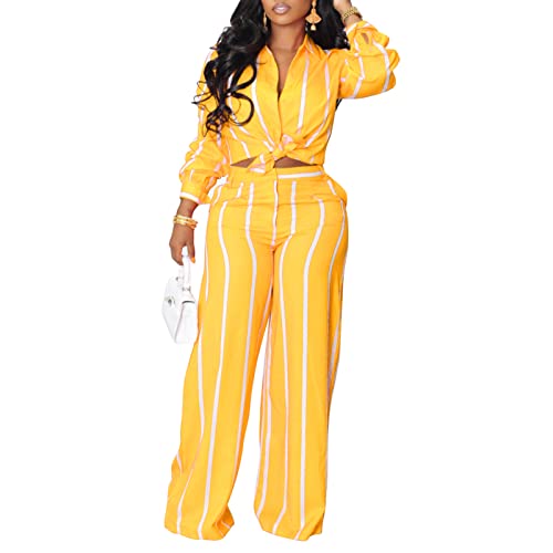 Elainone 2 Piece Outfits for Women Pants Sets Sexy Yellow Stripe Long Sleeve Button Down Shirt Wide Leg Long Pants with Pockets Brunch Matching Sets Sexy 2 Pc Sets Dressy Fall Winter Outfits