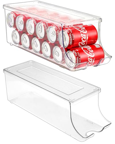 Puricon 2 Pack Soda Can Organizer Dispenser for Refrigerator, Plastic Canned Food Pop Beverage Container Holder Storage Bin with Lid for Freezer Rack Pantry Cabinet Cupboard Kitchen -Standard