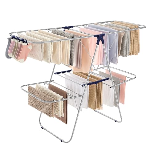 SONGMICS Clothes Drying Rack, Foldable 2-Level Laundry Drying Rack, Free-Standing Laundry Airer, with Height-Adjustable Wings, 33 Drying Rails, Sock Clips, Silver and Blue ULLR53BUV1