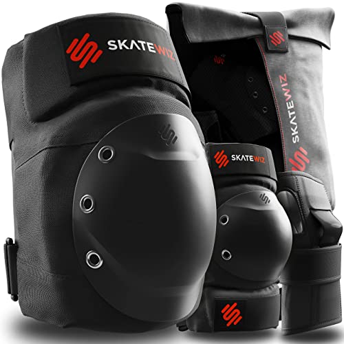 SKATEWIZ Knee and Elbow Pads Adult - Roller Skating Protective Gear Adult Knee and Elbow Pads Set with Wrist Pads - SHIELD - Size M Black - Roller Skate Protective Gear for Women & Men