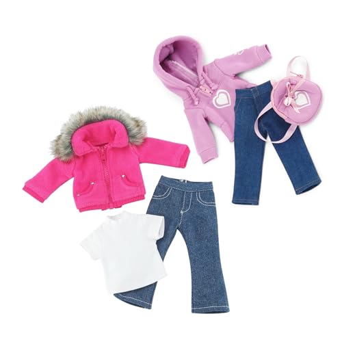 Emily Rose 14.5-Inch Doll Clothes & Accessory Valentine's Bundle | 6-PC Set with Faux Fur Coat, T-Shirt Tee, Heart Hoodie Sweatshirt with 2 Pair Jeans and Backpack | Doll and Shoes NOT Included