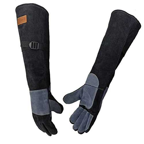 WZQH 23.6 In Leather Welding Gloves for Animal Handling,Grabbing Reptile, Grooming,Trips to Vet,BBQ,Fireplace.Puncture & Scratch Resistant, Bite Proof for Cat Dog Bird Falcon Livestock Snake L Black