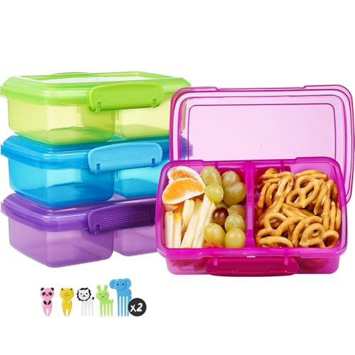 4 Pack Plastic Snack Containers with Lids, 2 Compartment Food Container for Kids Snack Box, Travel Bento Lunch Containers with forks for Fruits/Candies, Divided Food Storage Containers for School