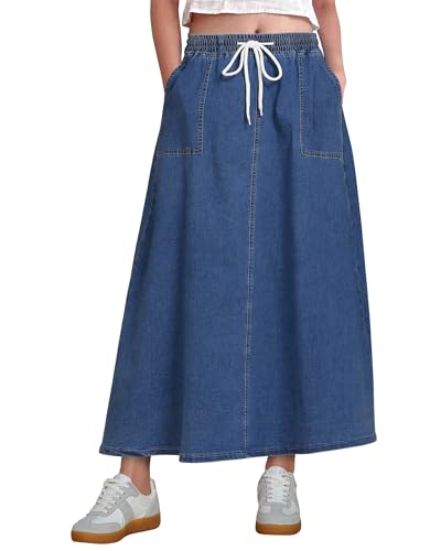 luvamia Denim Skirts for Women Trendy A Line Long Maxi Pull On Elastic Waist Drawstring Stretchy Jean Skirt with Pockets High Waist Skirt Classic Blue Size X-Large Fits Size 16 Size 18