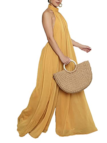 Ekaliy Women Sexy Summer Jumpsuit Halter Neck Sleeveless Chiffon Wide Leg Long Pant Jumpsuit Romper One Piece Party Outfit Yellow Medium